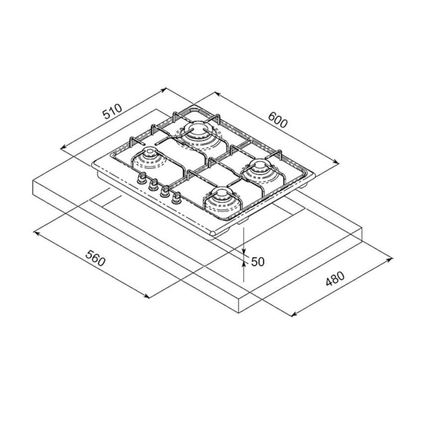 Plaque de cuisson Focus 4 Feux  à Gaz | 60cm -  F801W  -  Blanc  