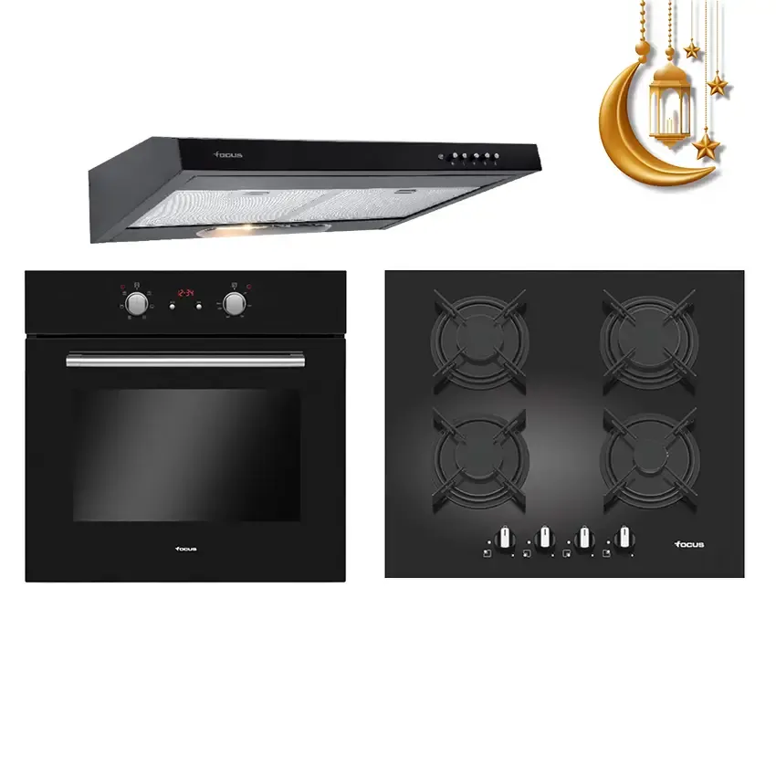 Pack Encastrable Focus Noir : Plaque de cuisson F409B + Hotte F602B + Four F521B