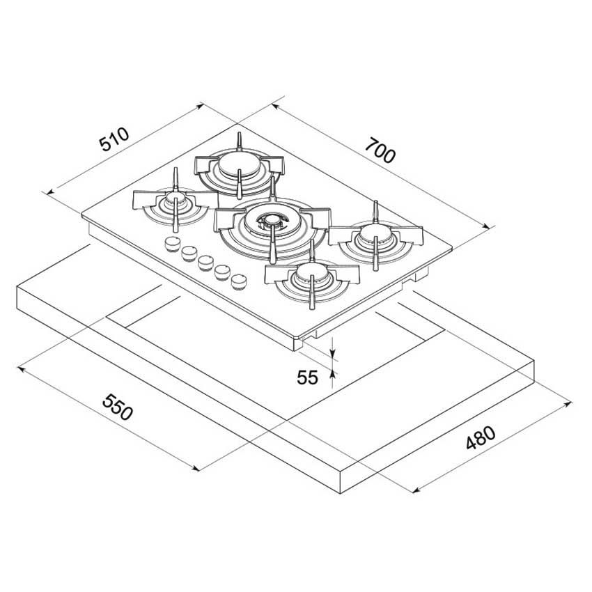 Plaque de cuisson 5 Feux à Gaz | 70 cm - F417B -Noir 