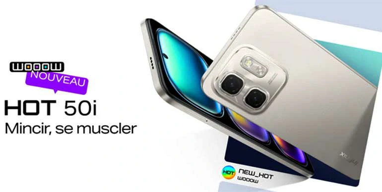 Hot 50 Infinix Hot 50i 4G vue de face, écran allumé, 8Go RAM 256Go stockage